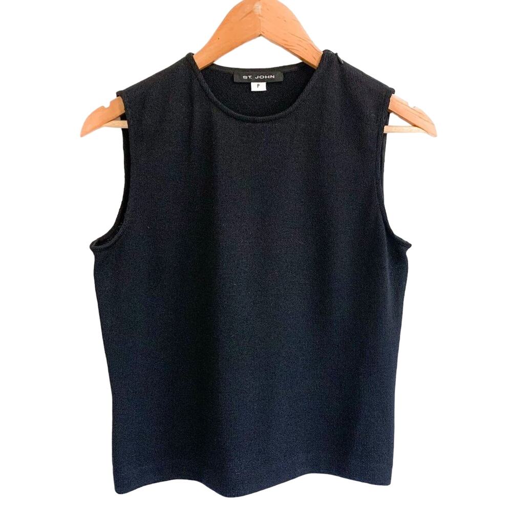 St. John Classic Chic Knit Cropped Boxy Sleeveless Tank Top Solid Black US 2